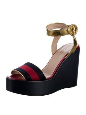 Gucci- NIB! Sylvie Web Platform Wedge Sandals w/ Gold Ankle Strap/Red Stripe- 7